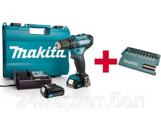 Аккум. дрель-шуруповерт MAKITA DF 333 DWAE в чем. + АКЦИЯ (набор насадок E-03084) (12.0 В, 2 акк., 2.0 А/ч Li-Ion, 2 скор., 30 Нм, шурупы до 8 мм+ АКЦ DF333DWAEA1