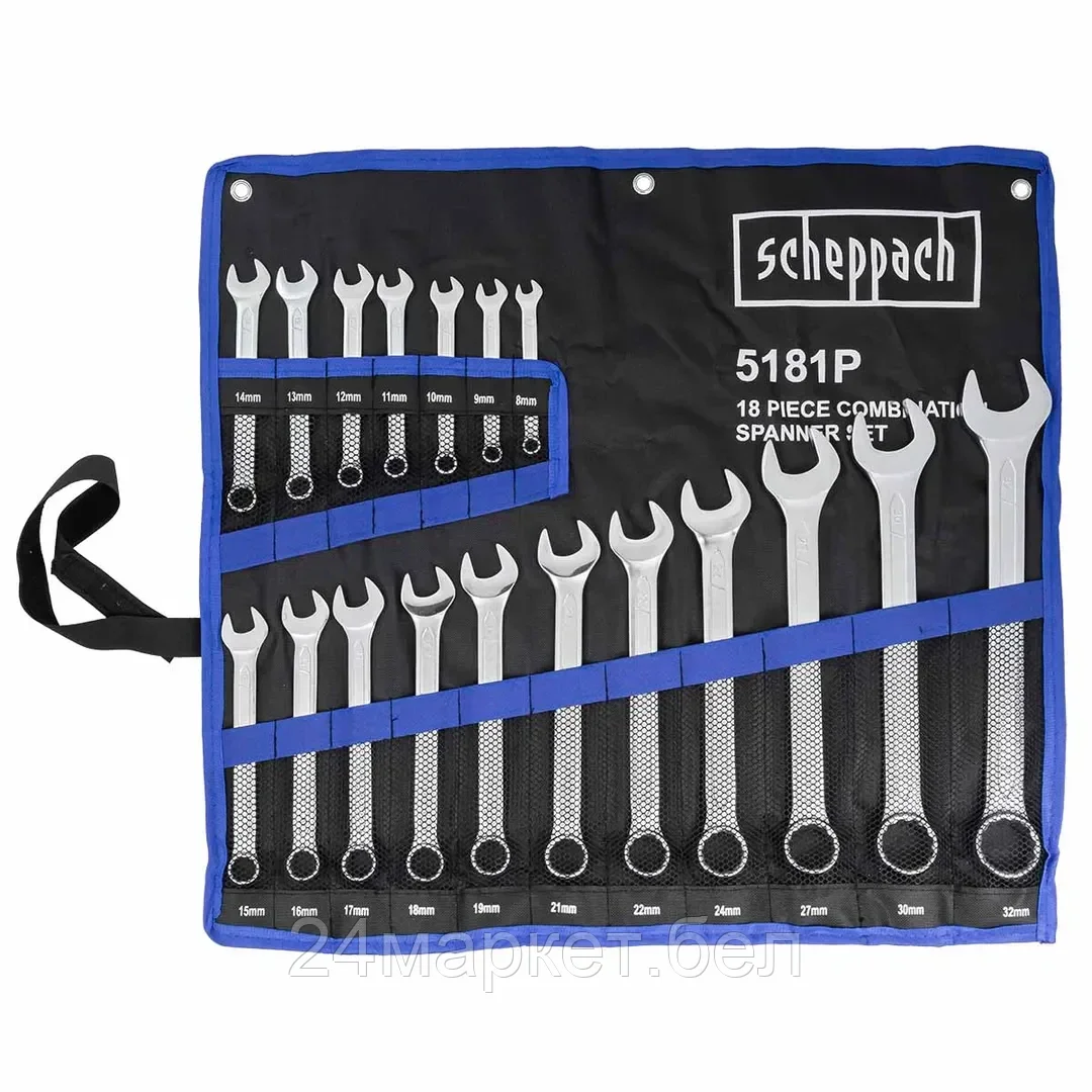Sch-5181P Scheppach Ключи комбинированные, набор 18пр. (8-19, 21, 22, 24, 27, 30, 32мм) на полотне