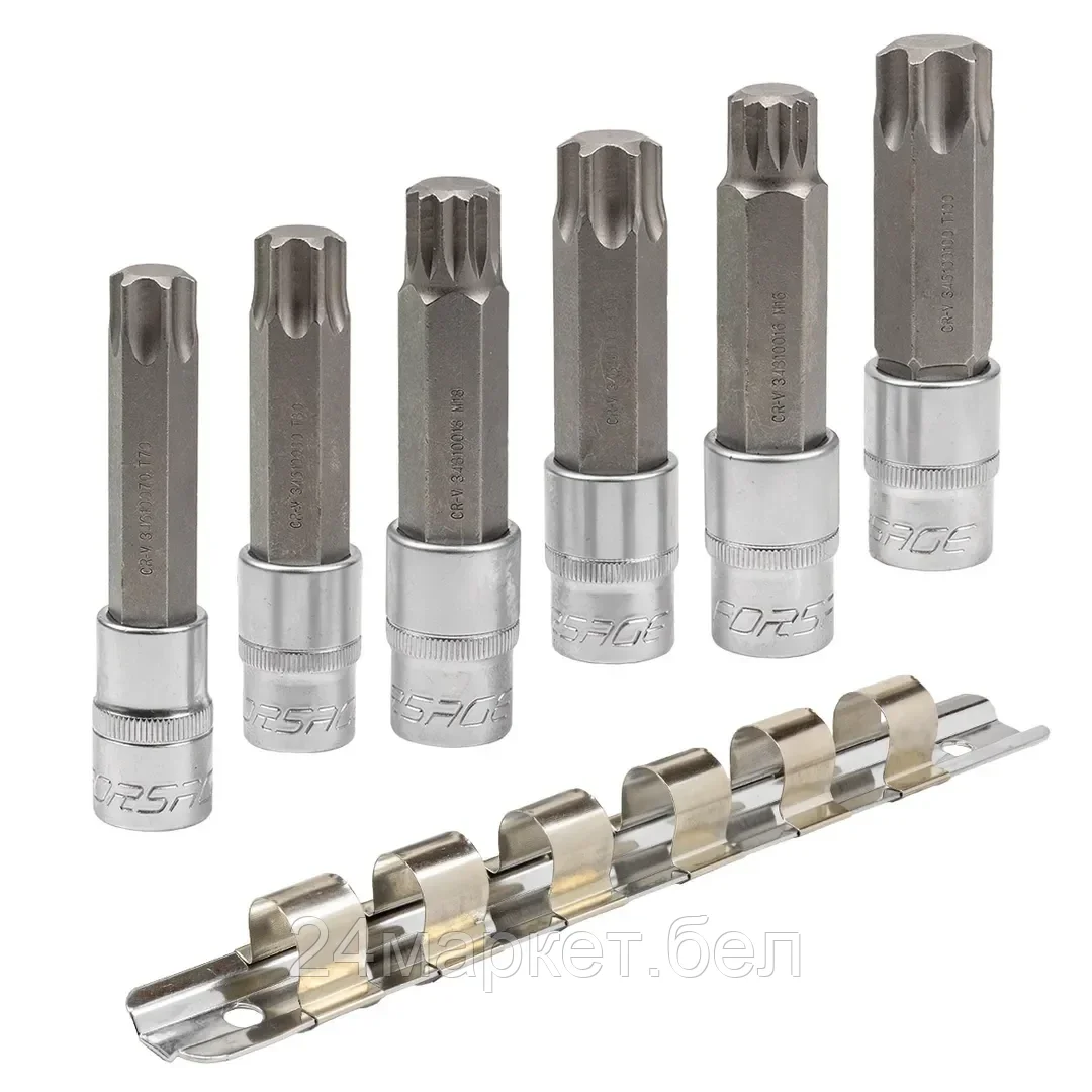 FORSAGE Набор головок-бит разнопрофильных Spline&Torx, 6 пр.(М16, М18,Т70,Т80,Т90,Т100; L-100мм), на планке Forsage F-40918L