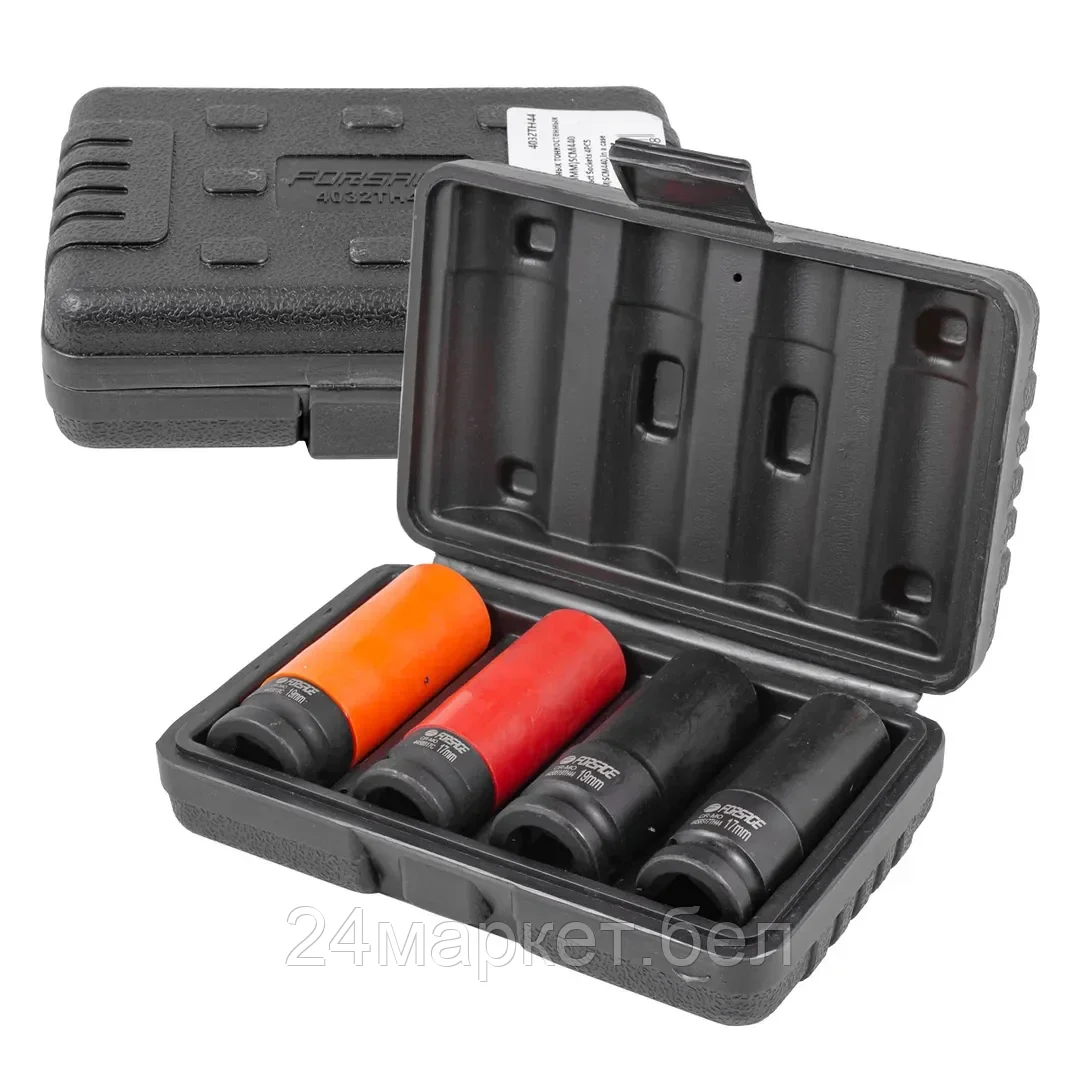 FORSAGE 1/2"Набор головок ударных тонкостенных 4 пр.(17,19+17.19 в защитном кожухе ) 6гр.сталь повышенной прочности 440SCM Forsage F-4032TH44