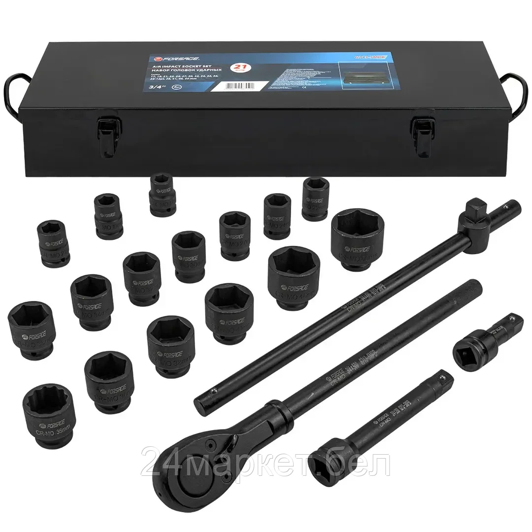 Набор инструментов ударных "Profi" 3/4", 6гр, 21пр(17,19,21,22,24,27,30,32,34,35,36,36-12гр,38,41,46,50мм), в кейсе Forsage F-6213-5MPB