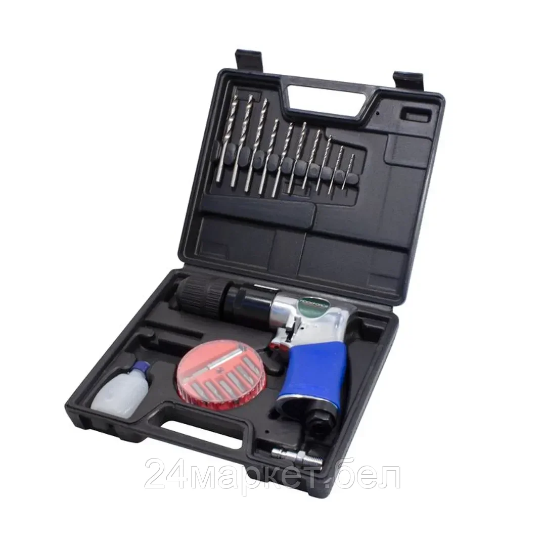 Пневмодрель с реверсом, набором бит и сверел 20пр(патрон:1-10мм,2200об/мин,6.3Bar,штуцер 1/4") Rock FORCE RF-RP7810