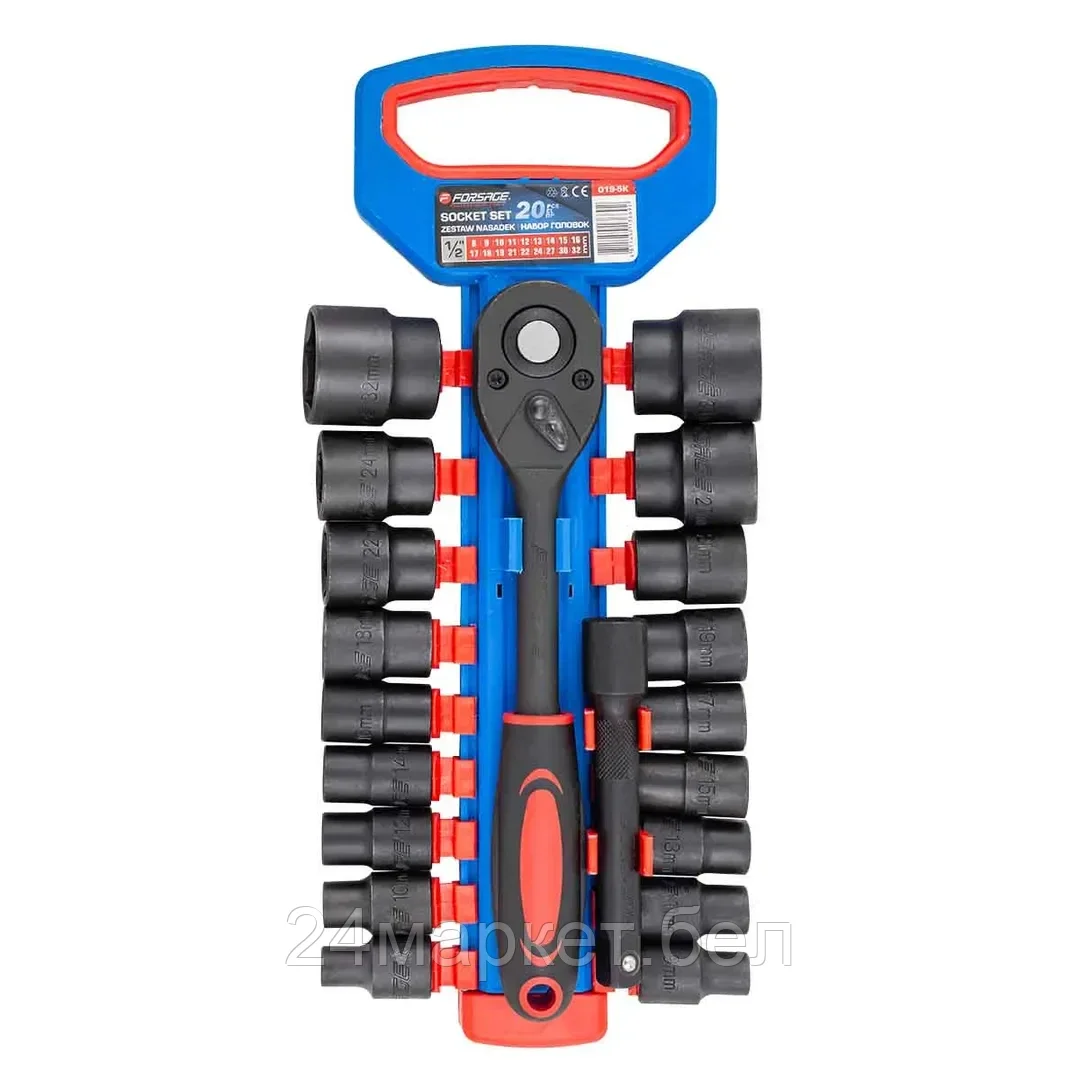 F-019-5K Forsage Набор головок с трещоткой и удлинителем 20пр.1/2''(6гр)(8-19,21,22,24,27,30,32мм),в пласт. держателе