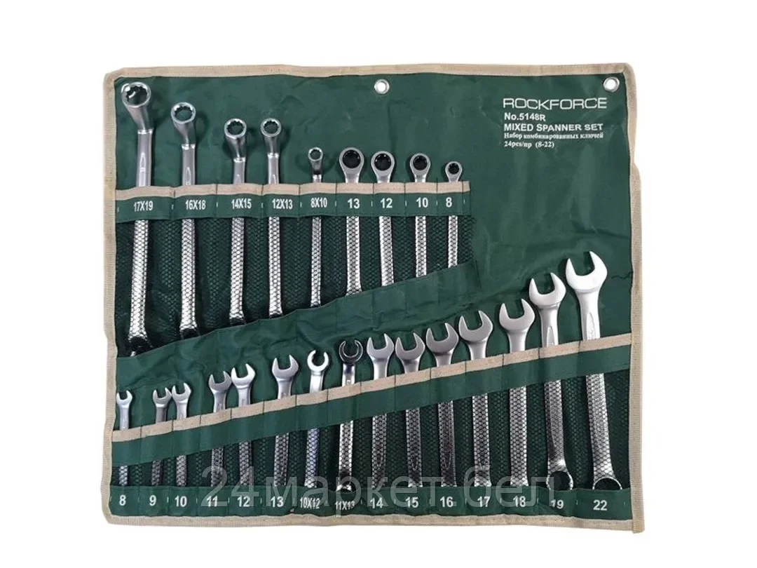 Rock FORCE Набор ключей универсальный  24пр;комбинированные 13пр(8-22мм)накидные75гр(8х10-17х19мм)разрезные 2пр(10х12,11х13мм)трещоточные 4 пр(8-13мм) на полотне Rock FORCE RF-5148R