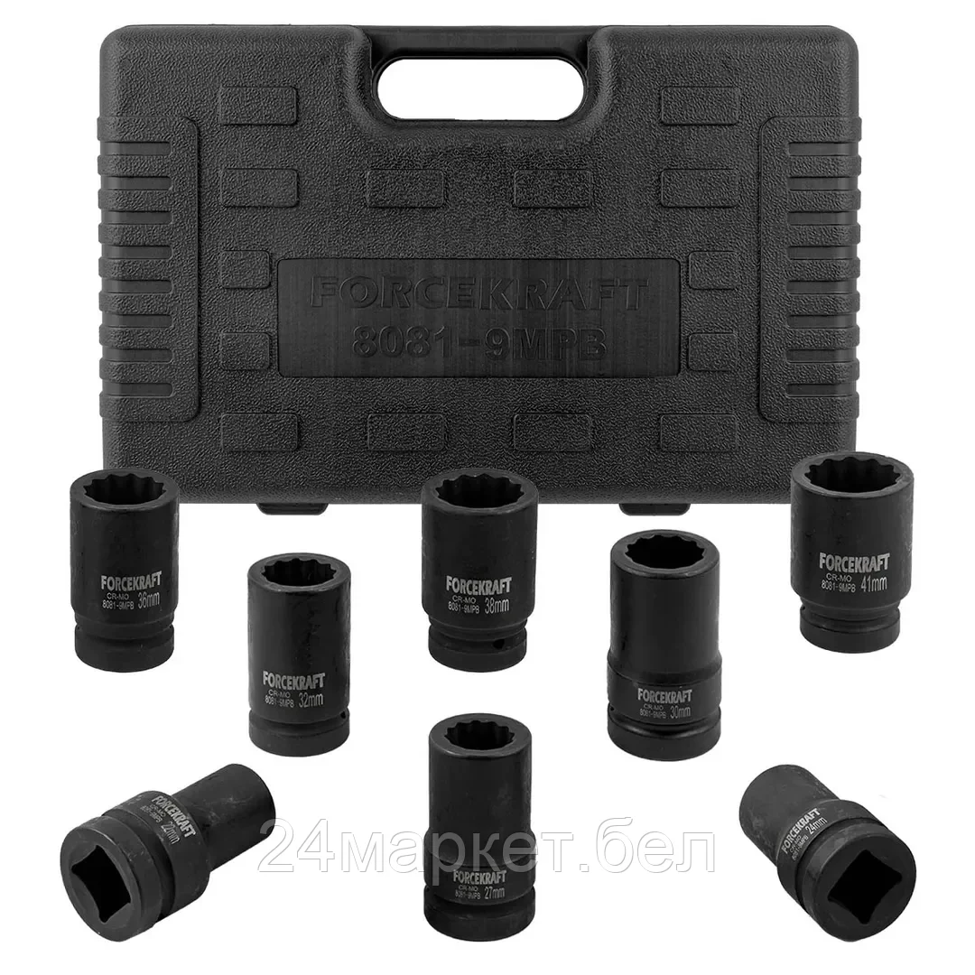 FK-8081-9MPB FORCEKRAFT Головки ударные глубокие, набор 8пр., 1" (12гр.)