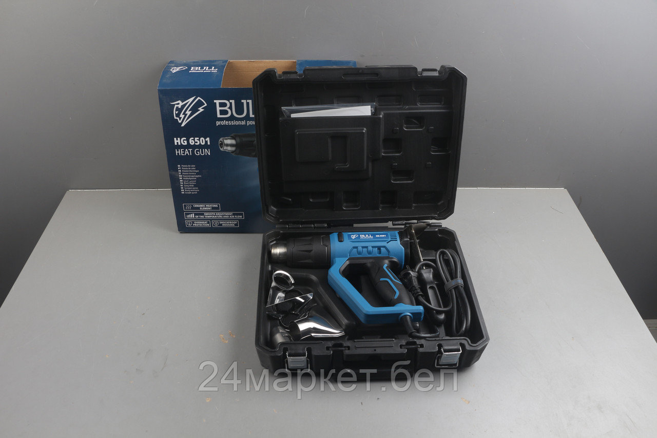 Термовоздуходувка BULL HG 6501 в чем. + набор сопл, 2000 Вт, 50-650 °С, плавная рег., LCD-дисплей 0326218-у