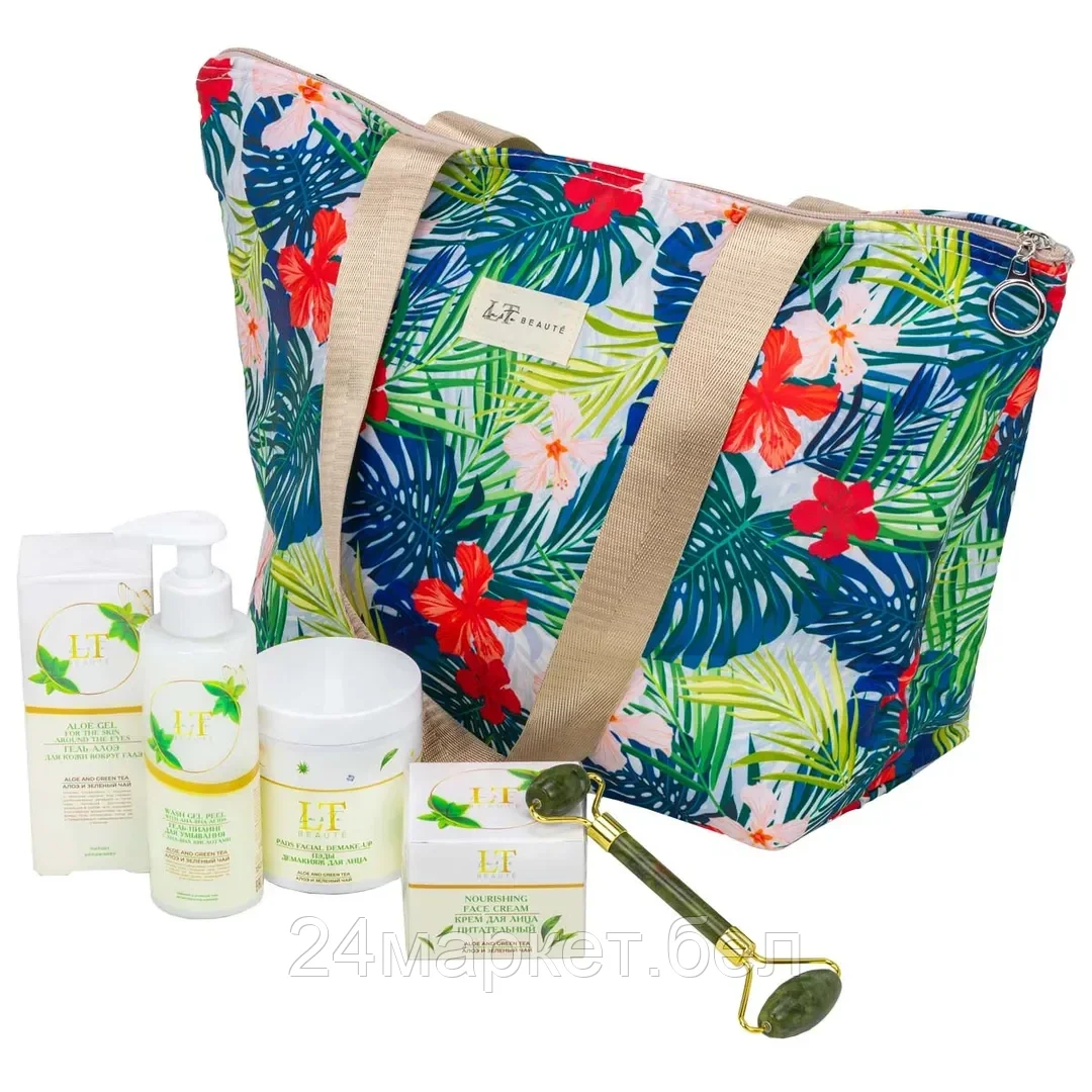 LT-24Bag La and Te beaute Набор Алоэ и Зеленый чай(термосумка LT-BS3.крем для лица.гель-алоэ для кожи вокруг глаз.гель-пилинг для умывания.ПЭДЫ демакияж.массажный ролик(зеленый