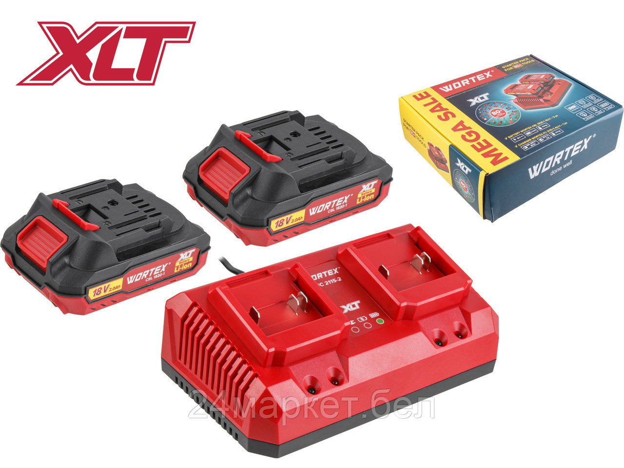 Набор аккумулятор 2х2 А*ч и зарядное устройство 2х2 А WORTEX ALL1 XLT в кор. SET (18.0 В, 2.0 А*ч, индикатор заряда, обрезиненный корпус, зарядное: 2 слота, 2 А.) 2329018