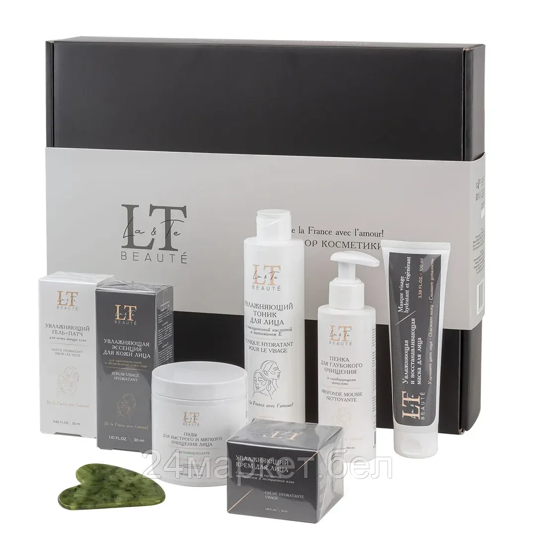 LT1 La and Te beaute Набор(Увл.эссенция,тоник.восст.маска,крем для лица,увл.патчи для кожи вокруг глаз,пенка для глуб.очищения со скраб. гранулами,пэды-60шт+скребок гуаша)