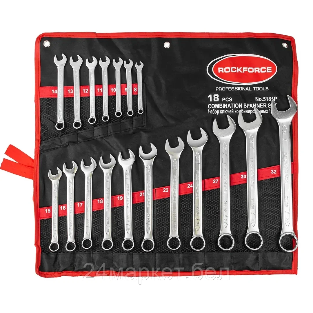Набор ключей комбинированных 18пр. на полотне (8-19, 21, 22, 24, 27, 30, 32мм) RF-5181