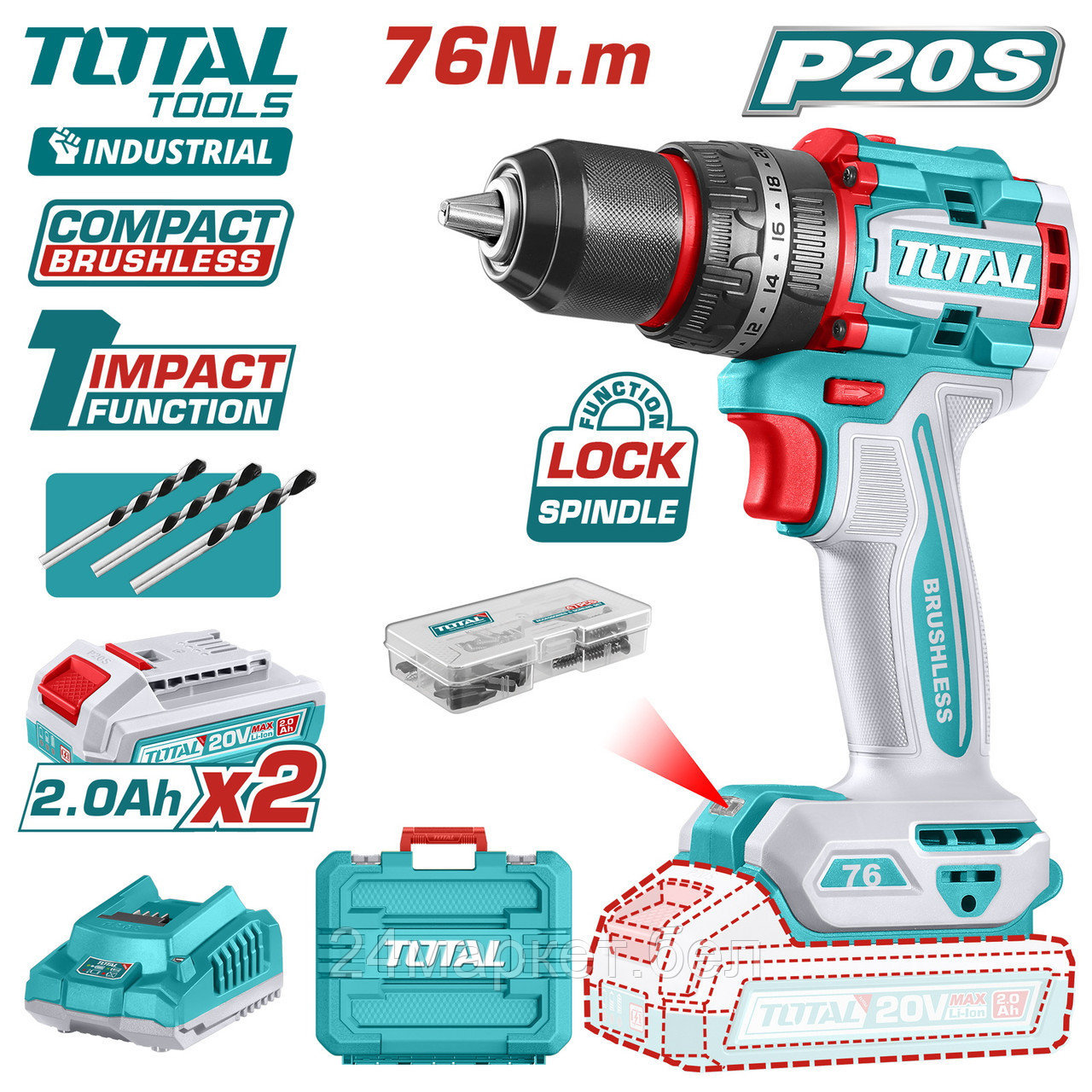 Ударная дрель-шуруповерт Total TIDLI20768 (с 2-мя АКБ, кейс)