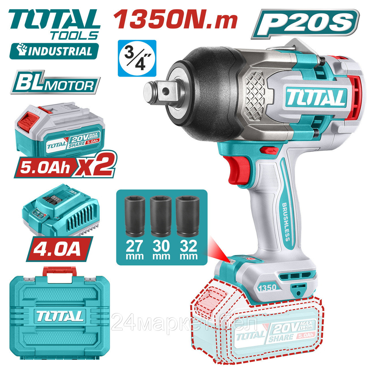 Гайковерт Total TIWLI20135 (с 2-мя АКБ, кейс)