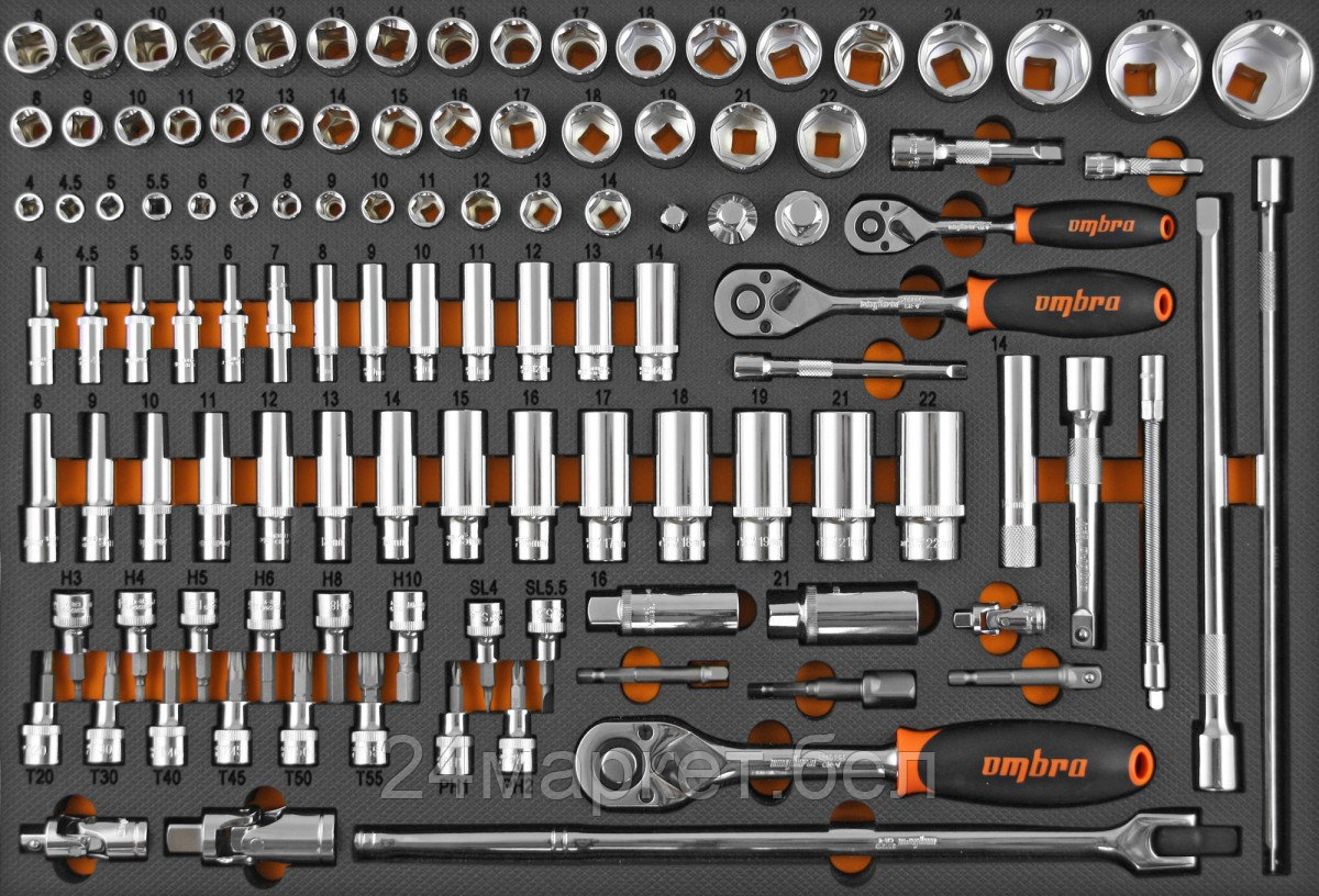 Ombra OMT111STE OMT111STE Набор головок торцевых 1/4", 3/8", 1/2" DR с аксессуарами в EVA ложементе 560x375 мм, 111 предметов