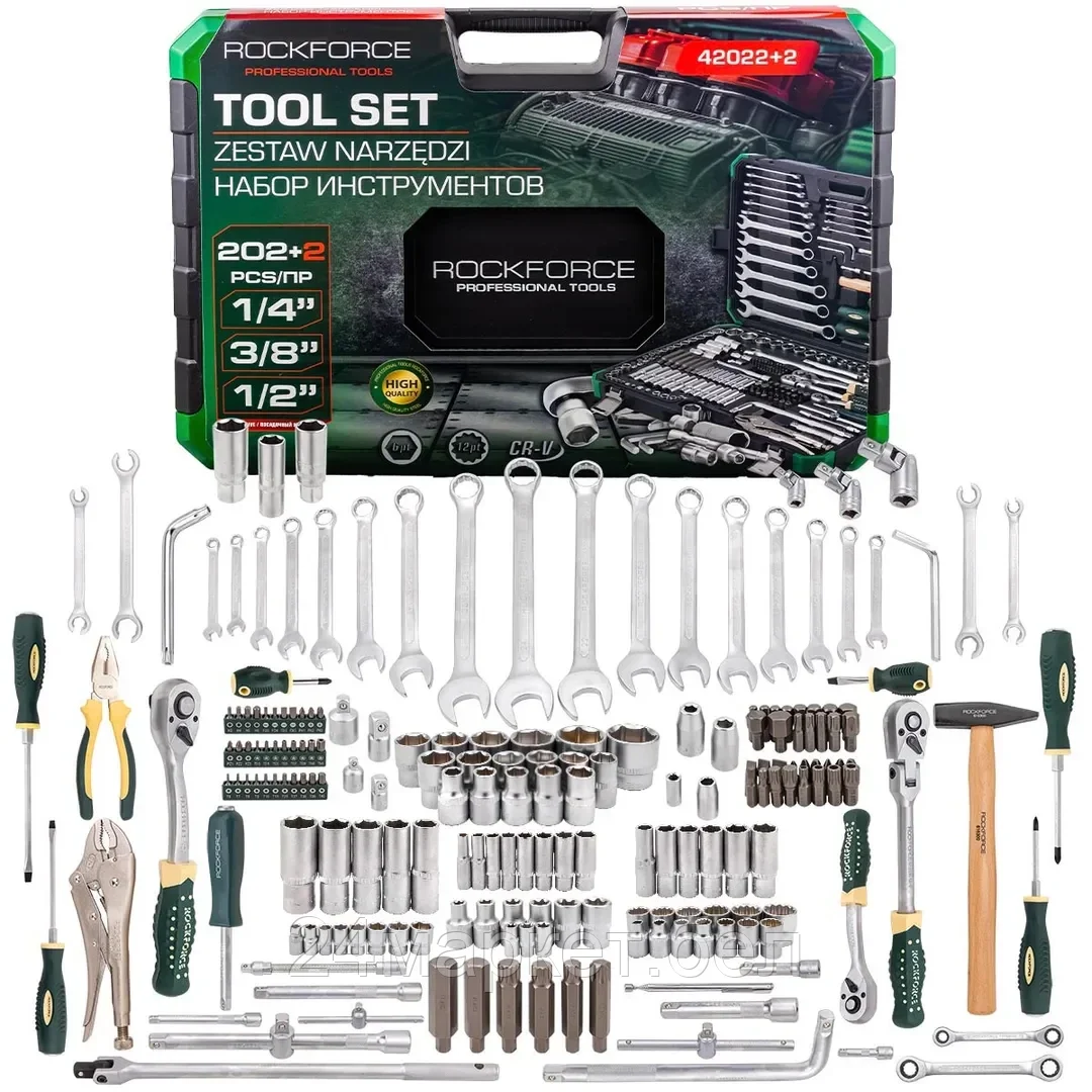 RF-42022+2 Набор инструментов 202+2пр. 1/4", 3/8", 1/2" (6гр.,12гр.) RockFORCE