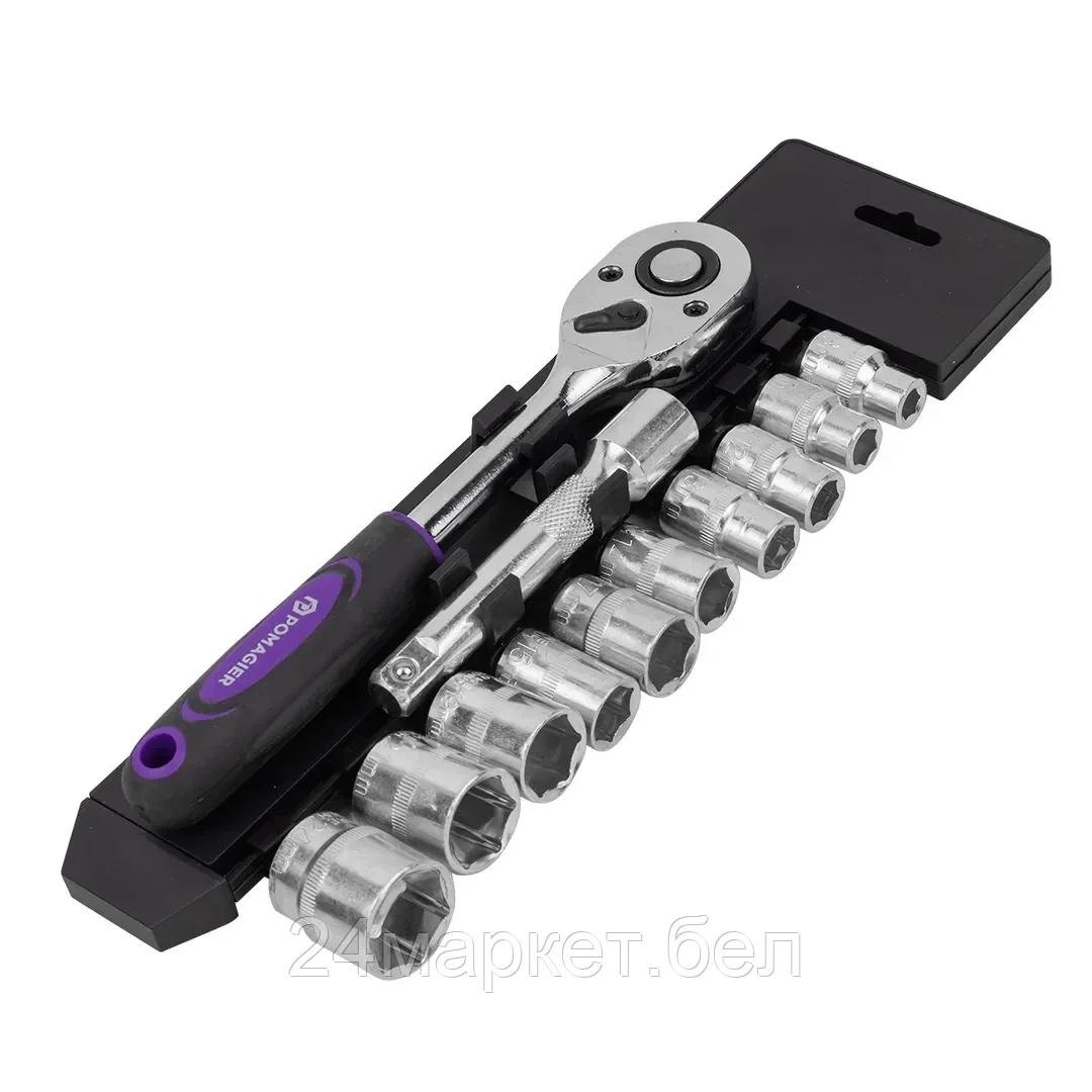 POM-4123 Набор головок с трещоткой и удлинителем 12пр.1/2''(6гр)(8,10,12-15,17,19,21,24мм),в пласт. держателе POMAGIER