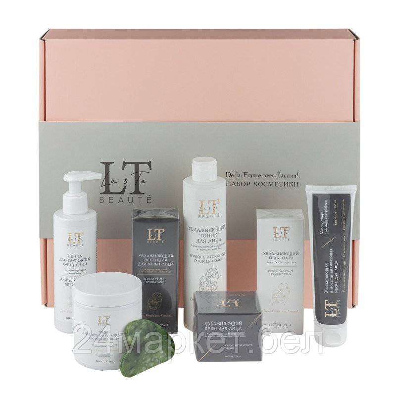 LT1R La and Te beaute Набор(Увл.эссенция,тоник.восст.маска,крем для лица,увл.патчи для кожи вокруг глаз,пенка для глуб.очищения со скраб. гранулами,пэды-60шт+скребок гуаша)