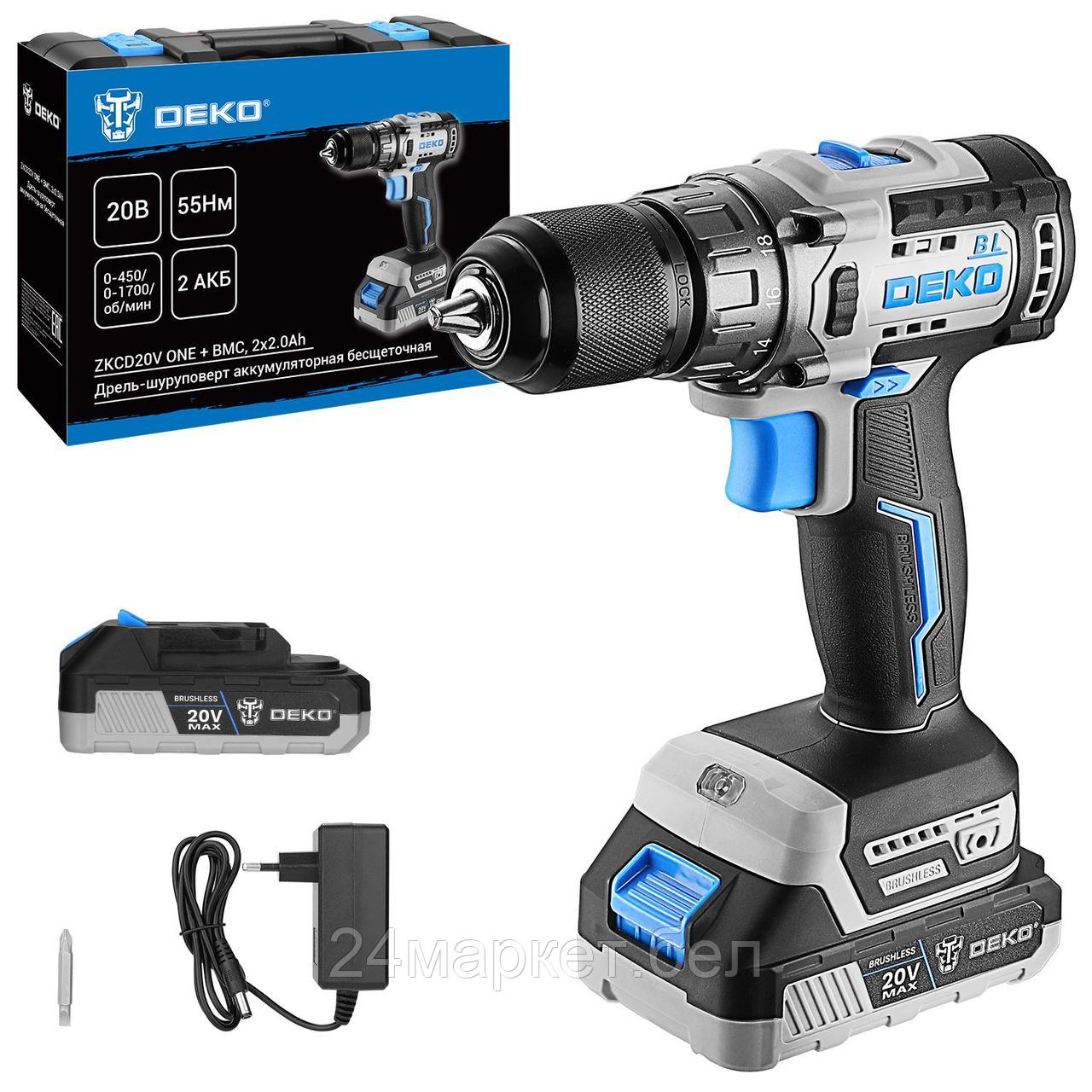 Дрель-шуруповерт аккумуляторная бесщеточная DEKO ZKCD20V ONE + 20V в кейсе, 20В, 2x2.0Ач