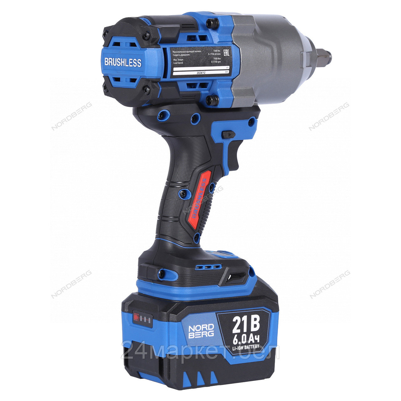 NORDBERG NE806K-3/4 Гайковерт аккумуляторный, 3/4", 21 В, 1500 Нм, 2 аккумулятора 6 A и зарядное устройство, в кейсе
