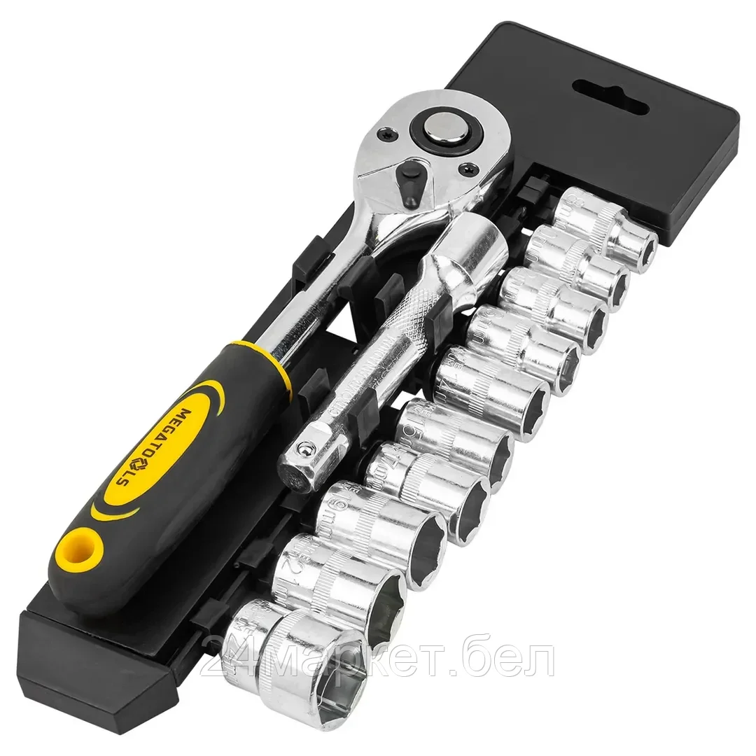 MT-4123 MEGATOOLS Набор головок с трещоткой и удлинителем 12пр.1/2''(6гр)(8,10,12-15,17,19,21,24мм),в пласт. Держателе