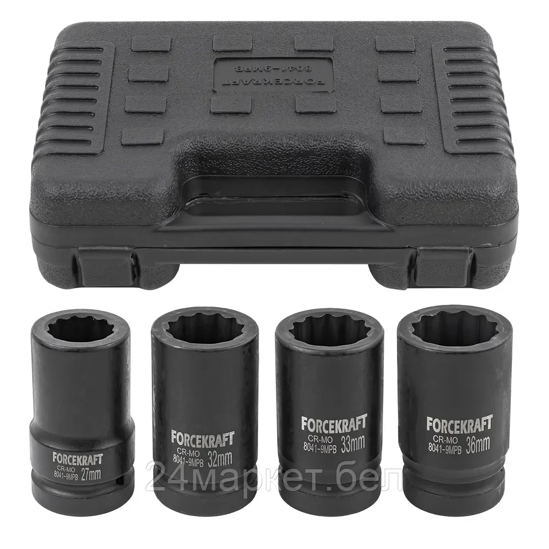 FK-8041-9MPB FORCEKRAFT Головки ударные глубокие, набор 4пр., 1" (12гр.)