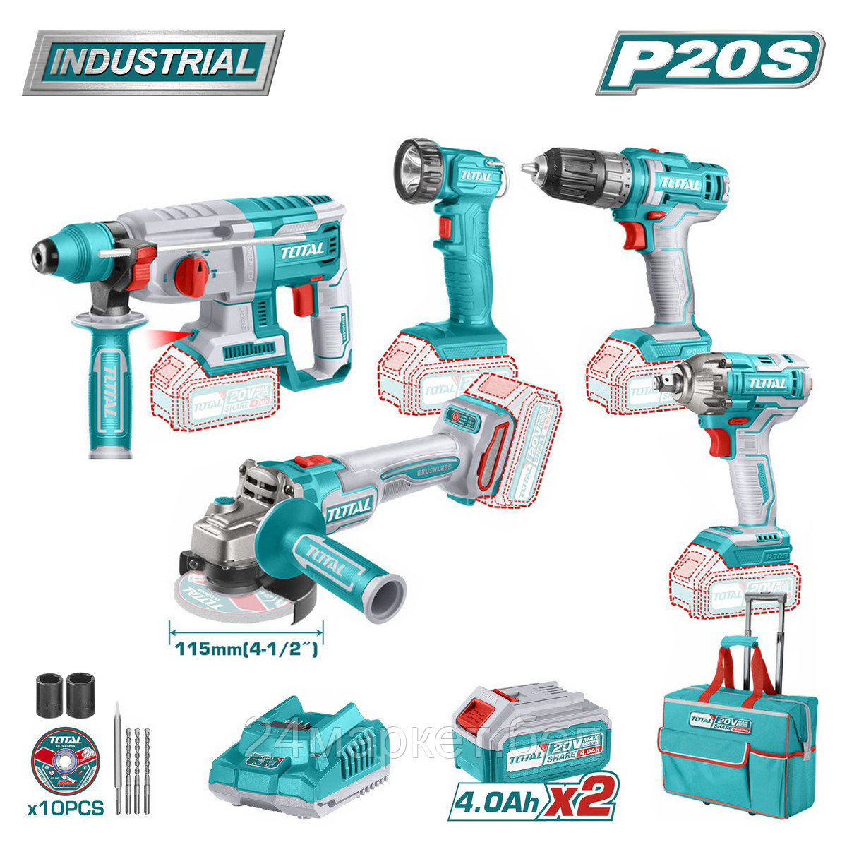 Total TCKLI2019 (перфоратор, шуруповерт, гайковерт, болгарка, фонарь, с 2-мя АКБ, сумка)