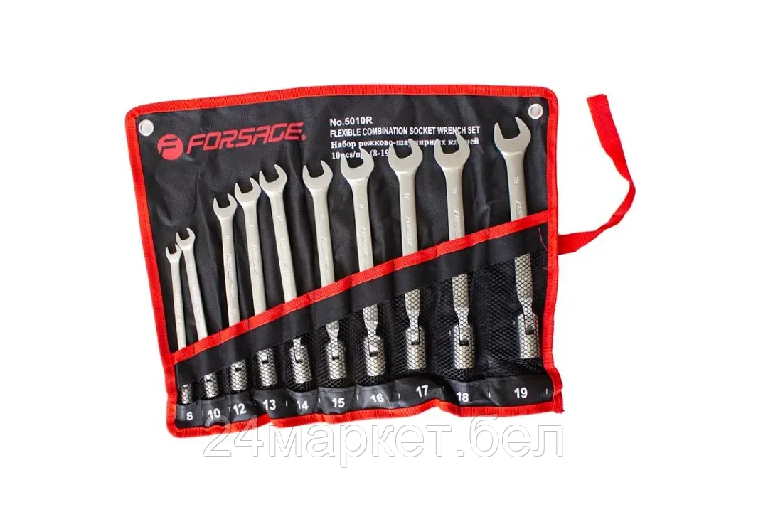 Набор ключей рожково-торцевых шарнирных 10пр. (8, 10, 12-19мм),на полотне Forsage F-5010R