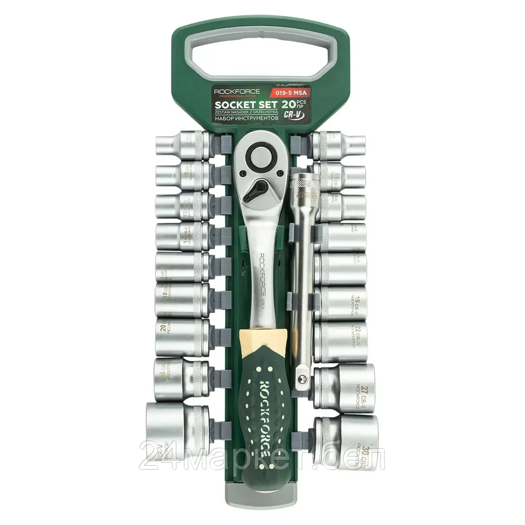 RF-019-5MSA Набор головок с трещоткой в пласт. держателе 20пр. 1/2" (8-32мм, 6-гран.) RockFORCE