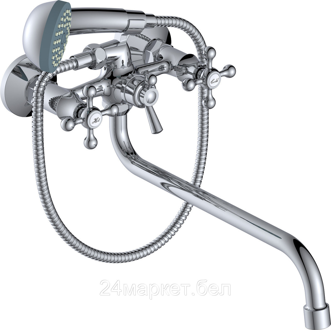 Смеситель для ванны (Lt) вентильный (тип I), AV Engineering (Длинный S-излив, длина 295 мм, лейка и шланг в комплекте) AVROL7-D22