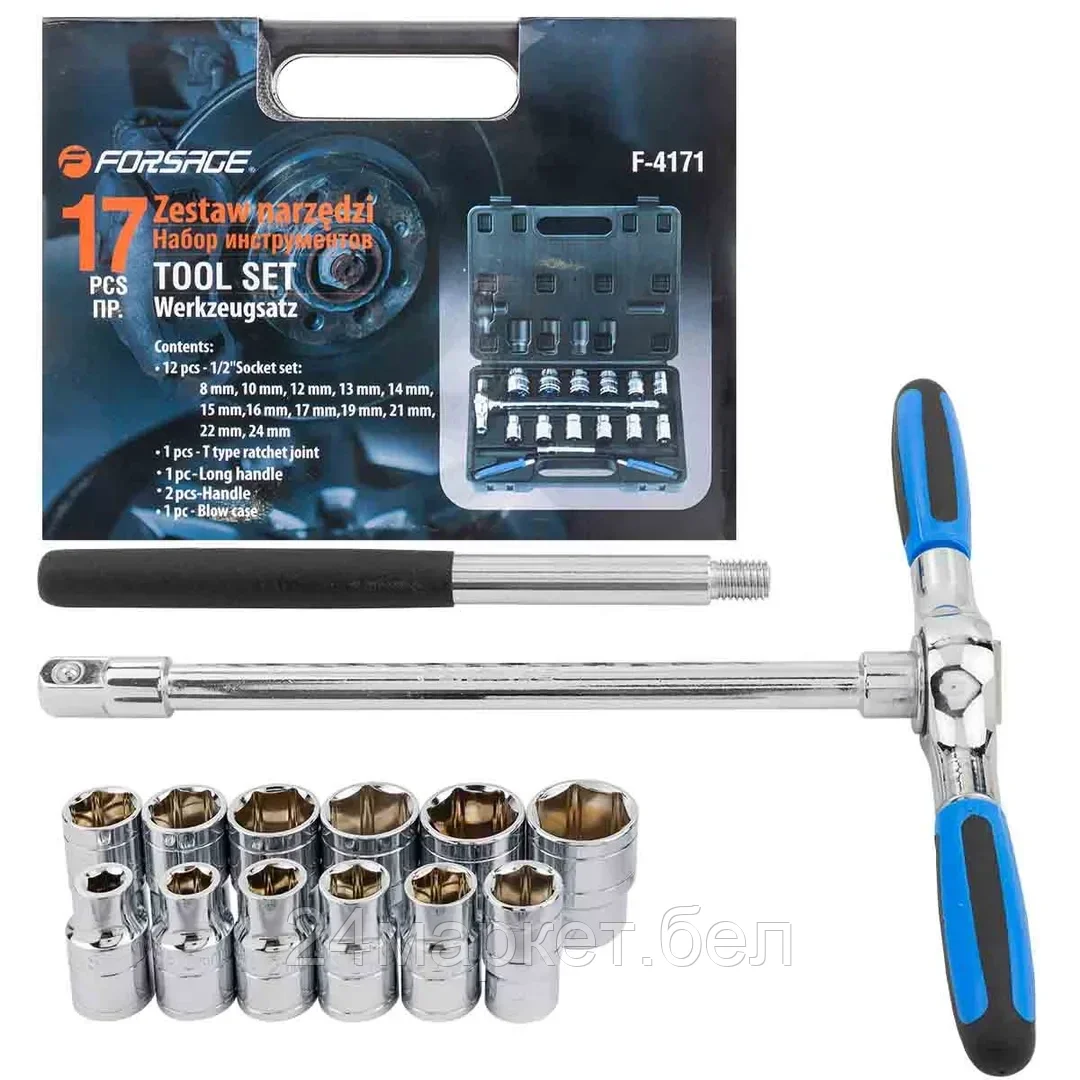 FORSAGE Набор инструментов с Т-образной трещоткой,17 пр.1/2"(6гр.)(8,10,12-17,19,21,22,24мм) Forsage F-4171