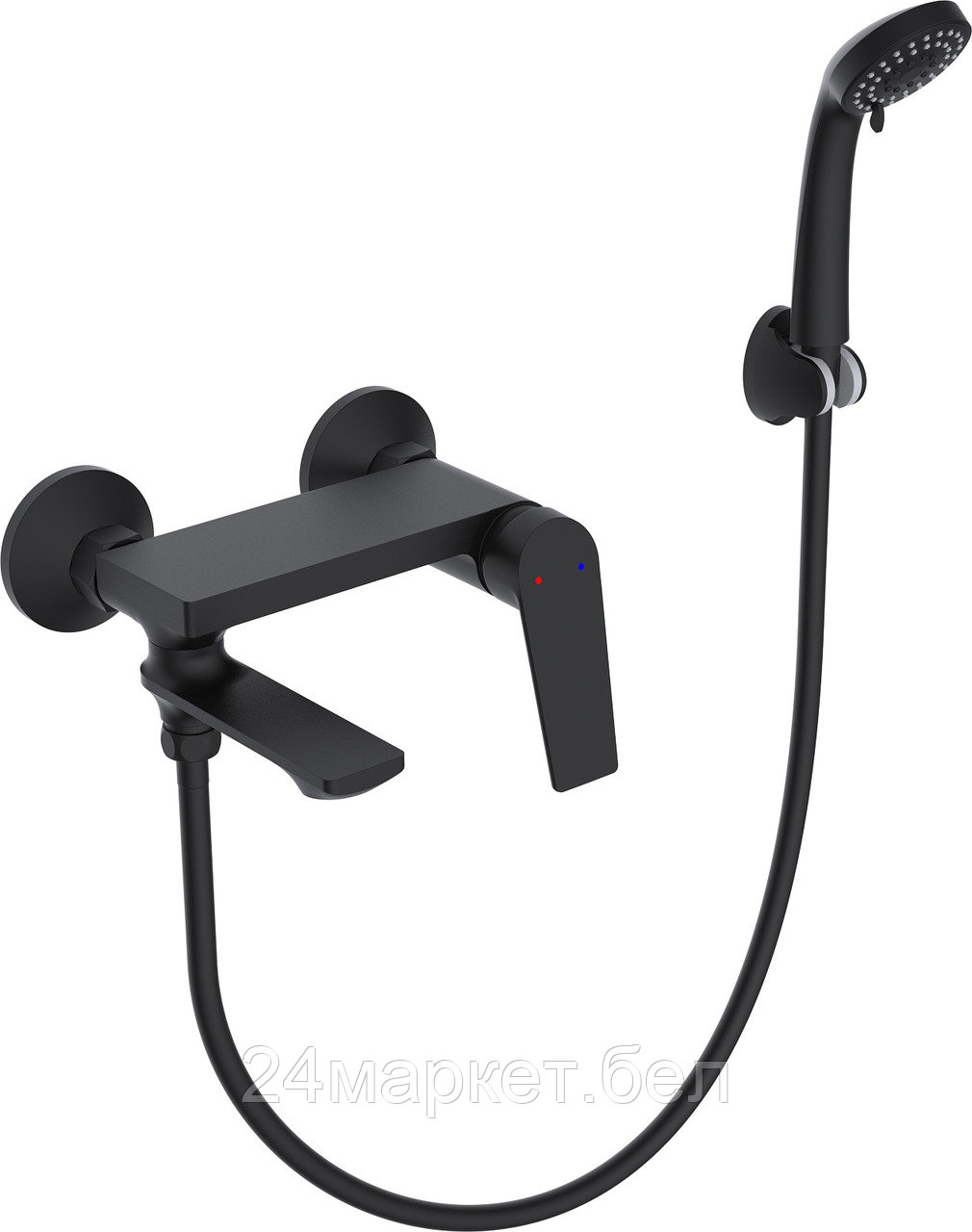 Смеситель для ванны D35-A черный, серия 800 ECONOCE (Короткий L-излив, длина 100 мм, лейка и шланг в комплекте, поворотный) EC0803BL