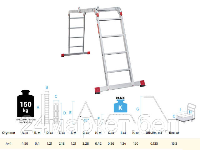 Лестница алюм. многофункц. трансформер 4х4 ступ., шир. 400 мм, 15,3кг NV3320 Новая высота (Максимальная нагрузка - 150 кг) (Новая Высота)