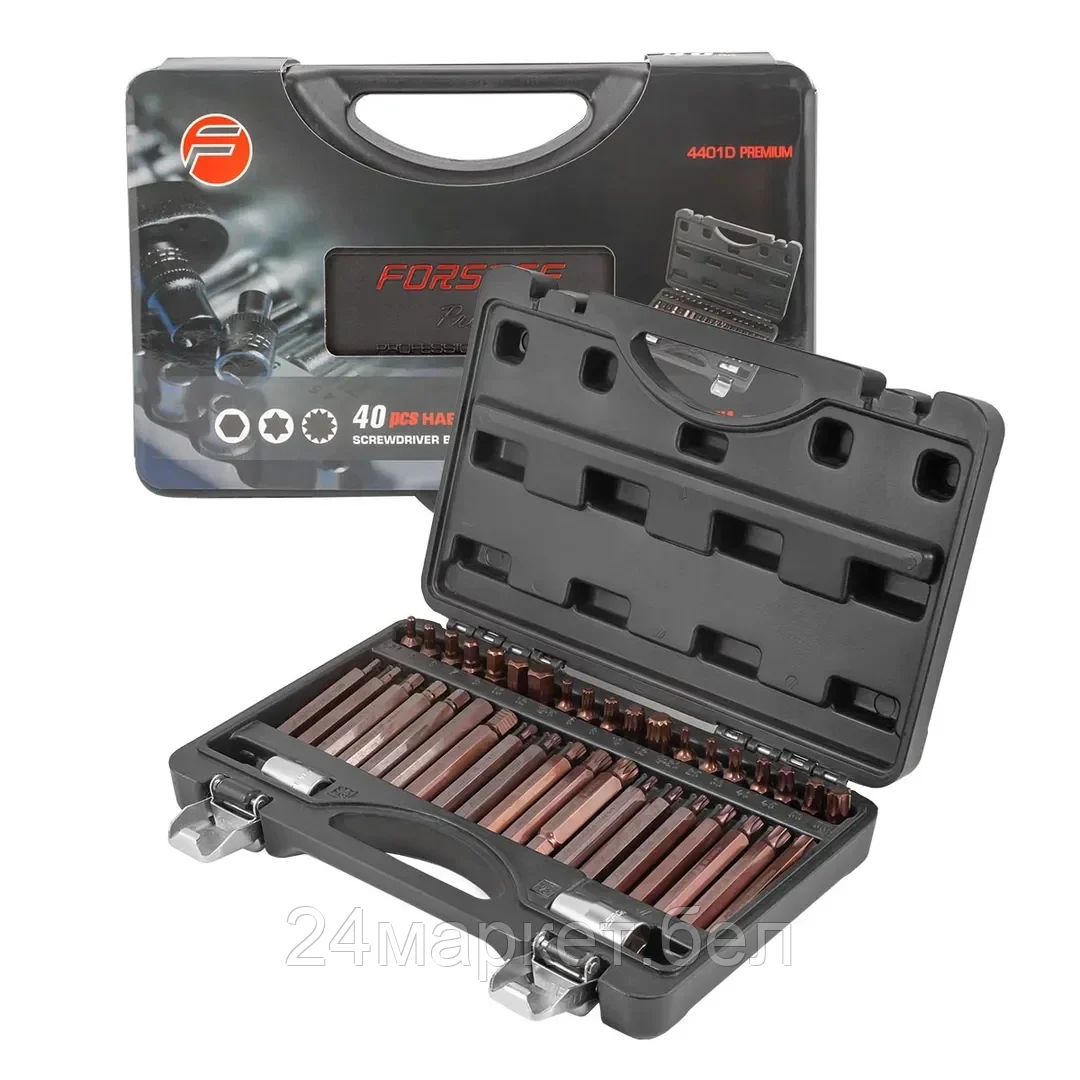 FORSAGE Набор бит с битодержателями "Premium", 40пр. (10мм)(75/30мм: T20-T55,H4-H12,M5-M12) в пластиковом кейсе Forsage F-4401D