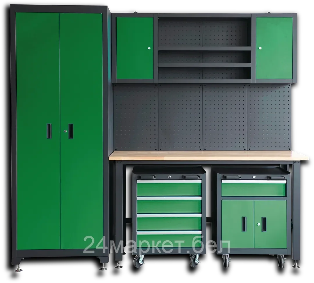 RF-01Y0207 RockFORCE Комплект металл. гаражной мебели 2362x500x2050мм (стол:1600х500х750мм,шкаф:1990х500х762мм,тележка 2шт:658х600х400мм,навесной модуль:1600х600х200мм)