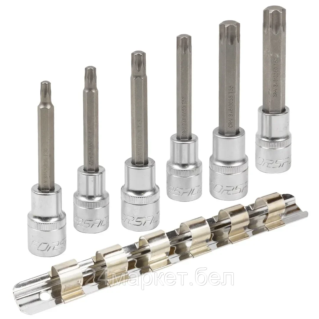 FORSAGE Набор головок-бит Torx 6-лучевых, 6 пр.(Т30,Т40,Т45,Т50,Т55,Т60; L-100мм) 1/2", на планке Forsage F-40913L