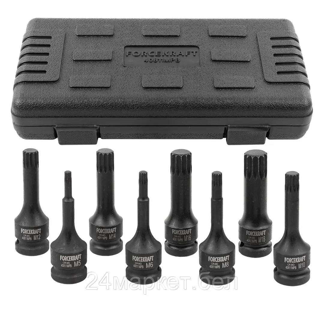 ForceKraft Набор головок-бит SPLINE ударных 8пр.,1/2"(M5, M6, M8, M10, M12, M14, M16, M18), в кейсе FORCEKRAFT FK-40811MPB