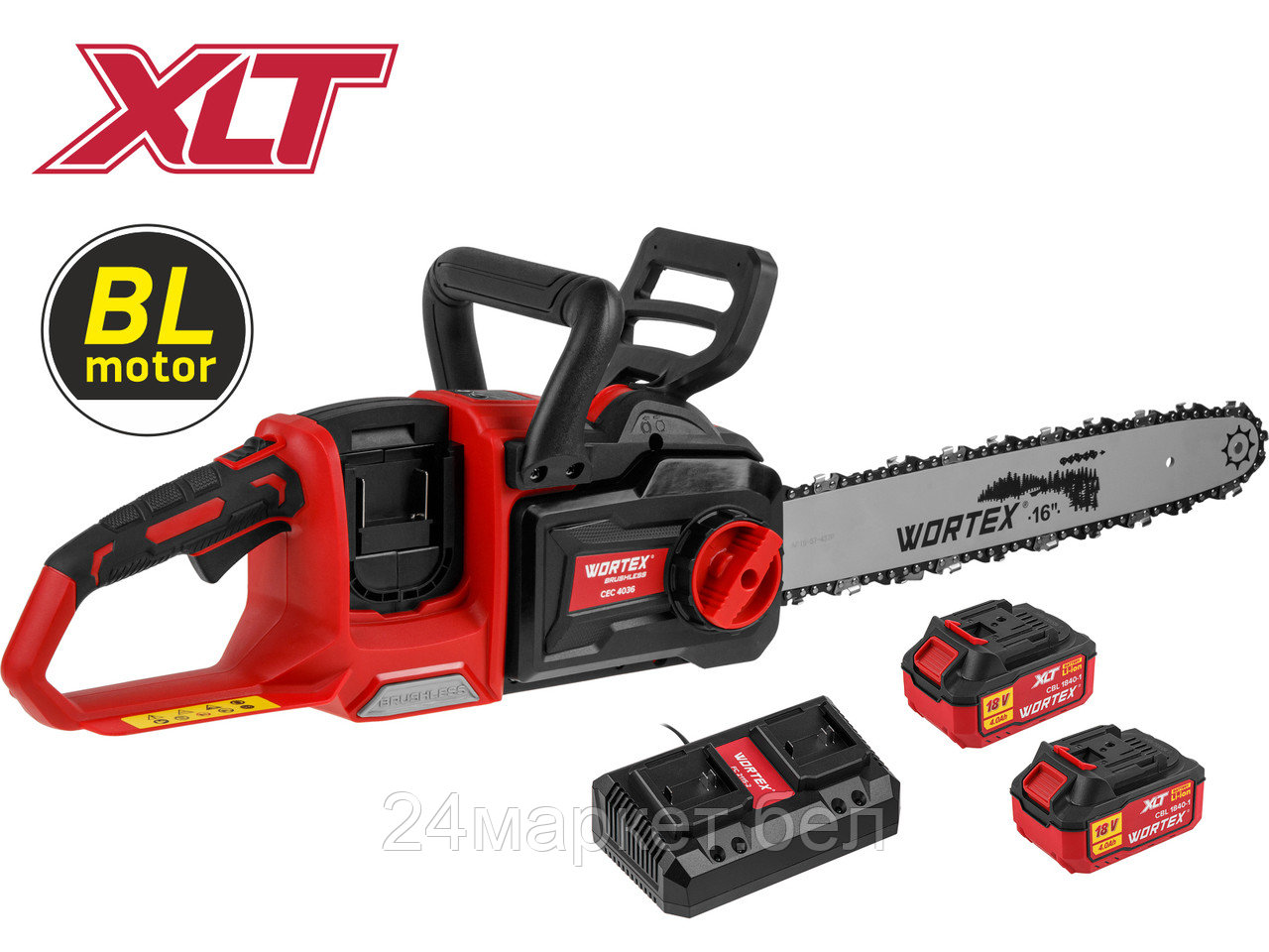 Аккум. пила цепная WORTEX CEC 4036 шина 40 см (16"), 3/8" LP, 1.3 мм XLT SET БЕСЩЁТ, 18В+18В