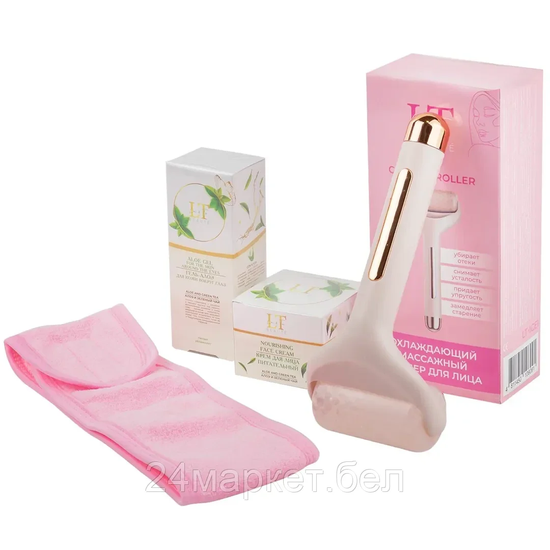 LT-MS2 Набор Алоэ и Зеленый чай(роллер массажный.крем для лица.гель-алоэ для кожи вокруг глаз. повязка на голову(розовая).пакет комбинированный 30*30) La and Te beaute