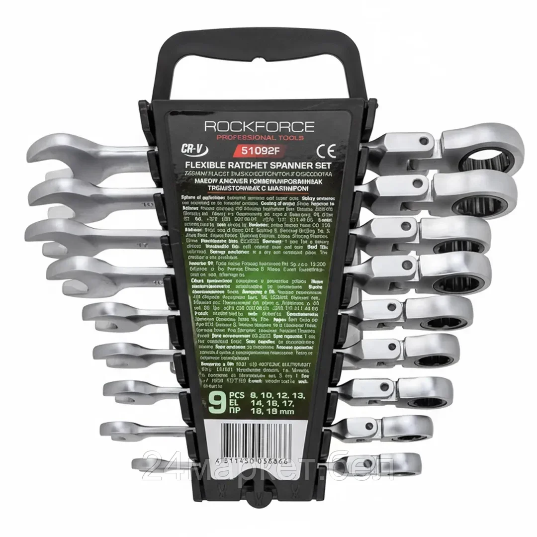 Набор ключей комбинированных трещоточных с шарниром, 9пр. (8,10,12,13,14,16,17,18,20мм )в пластиковом держателе RF-51092F