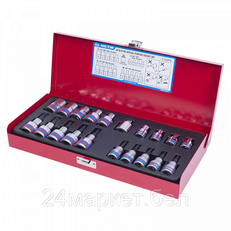 KING TONY 7120PR KING TONY Набор торцевых насадок и головок 1/2"&3/8", TORX, Е6-Е20, Т10-Т55, 20 предметов