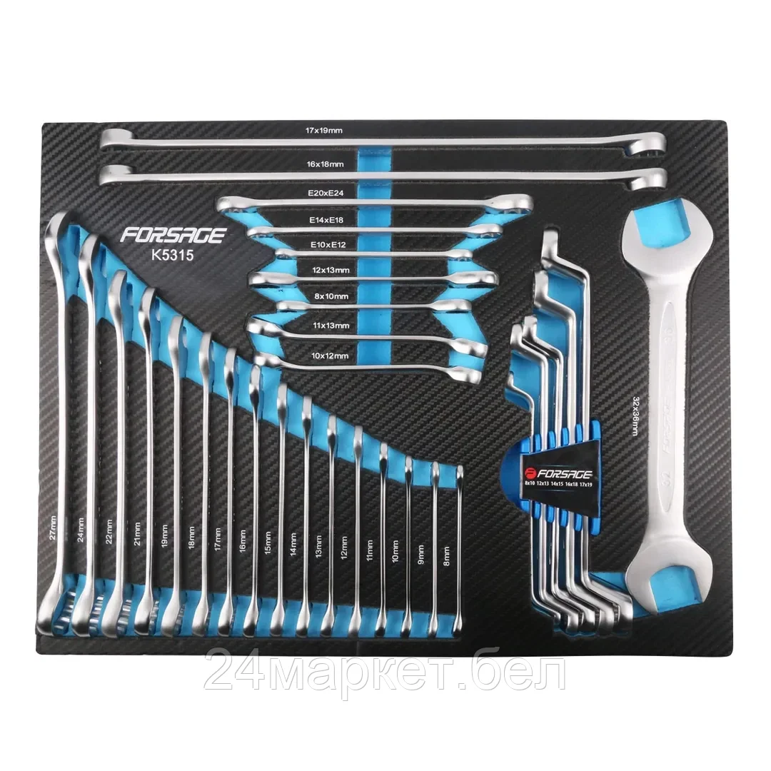 Набор ключей 31пр(комбинированные:8-27мм,накидные удл.-е:6-19мм,накидные:8-19мм,разр.-е:10-13мм;трещоточ-е:8-13мм,рожковый 32х36мм,Е10-Е24)в ложементе Forsage F-K5315