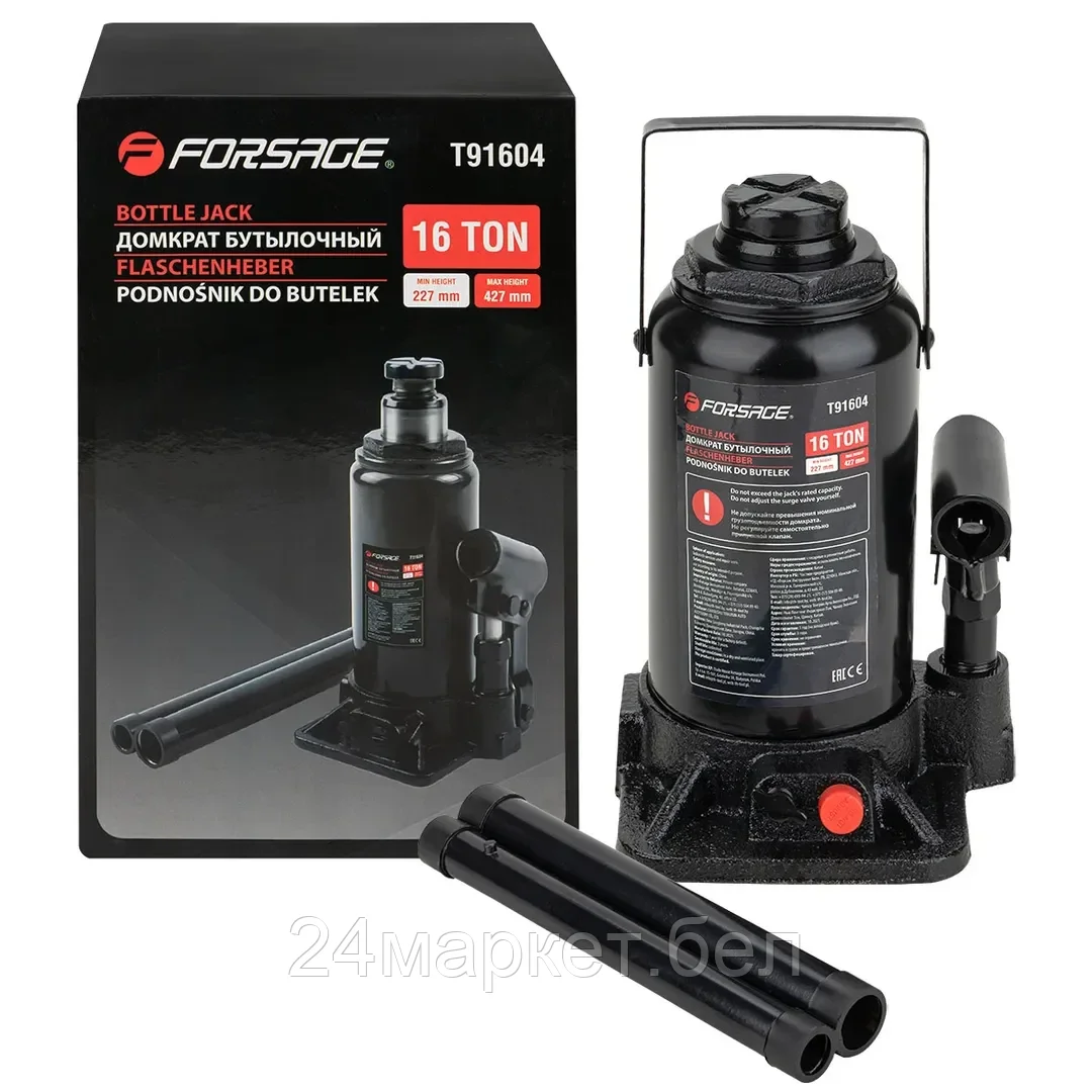 F-T91604(DS) Forsage Домкрат гидравлический бутылочный, 16т (с предохранительным клапаном, минимальная высота: 205 мм, ход штока: 125 мм, ход винта: 60 мм, максимальная вы