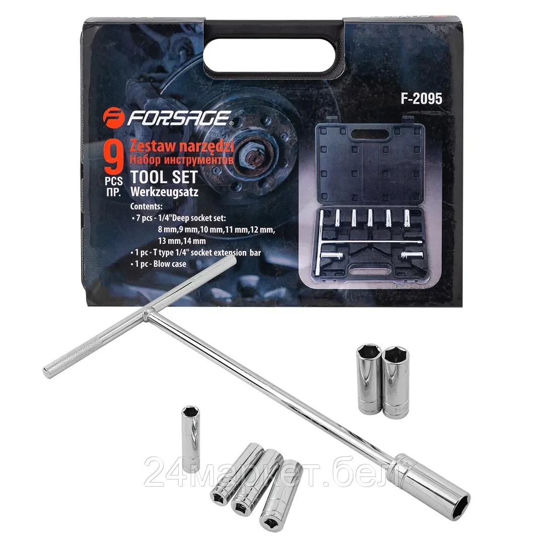 FORSAGE Набор инструментов с Т-образным воротком,9 пр.1/4" (6гр)(8-14мм) Forsage F-2095