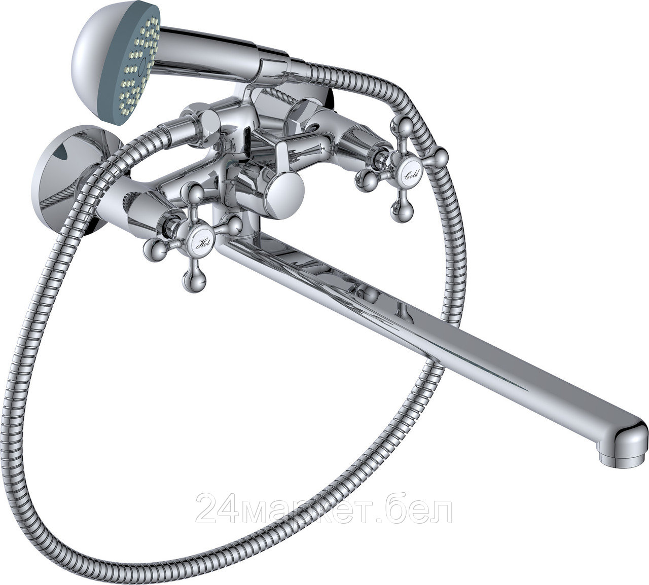 Смеситель для ванны (Lt) вентильный (тип I), AV Engineering (Длинный L-излив, длина 323 мм, лейка и шланг в комплекте) AVROL7-D23