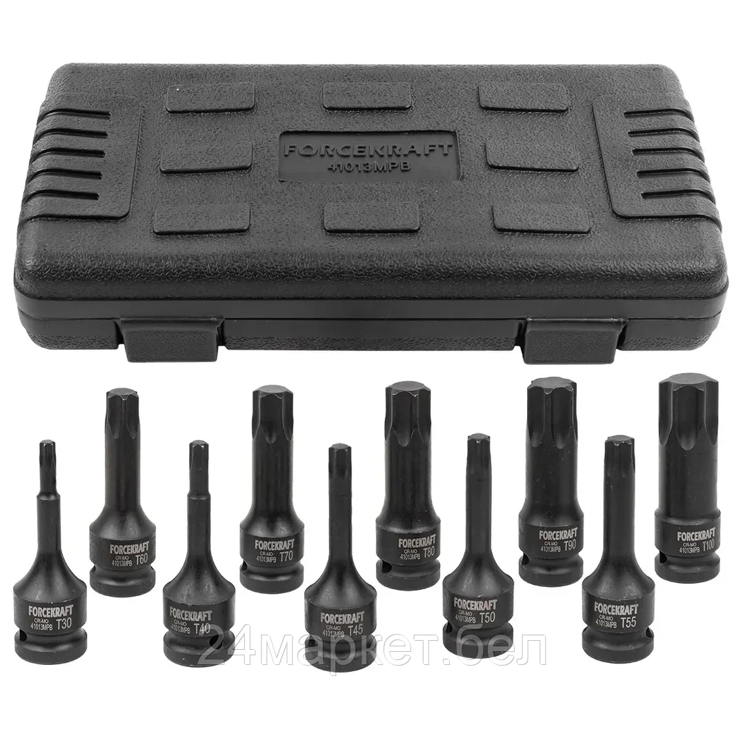 ForceKraft Набор головок-бит TORX ударных 10пр.,1/2"(T30, T40, T45, T50, T55, T60, T70, T80, T90, T100), в кейсе FORCEKRAFT FK-41013MPB