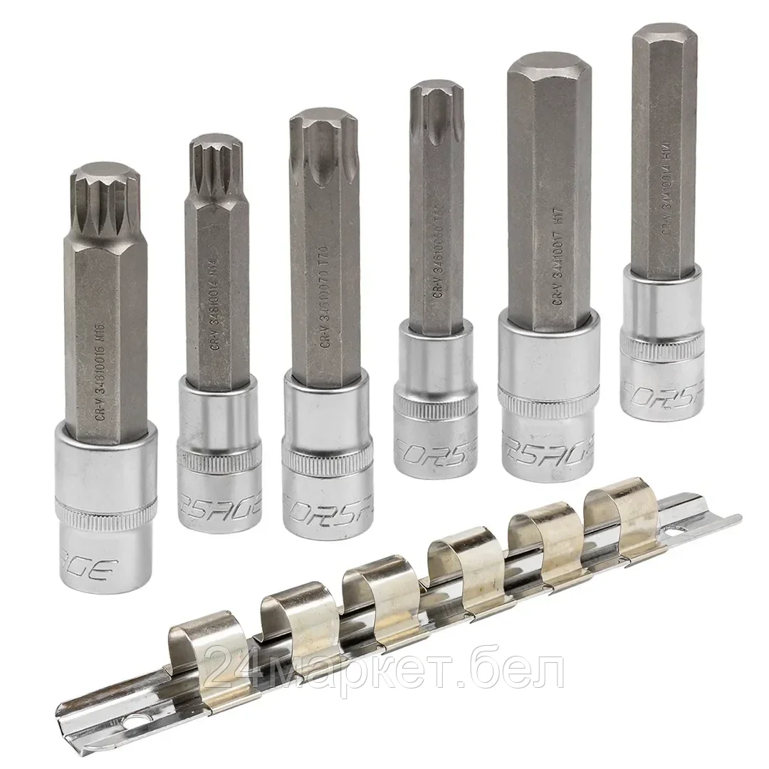 FORSAGE Набор головок-бит разнопрофильных Spline&Torx&Hex, 6 пр. (М14,М16,Т60,Т70,Н14,Н17мм; L-100мм), на планке Forsage F-40920L