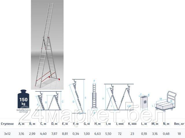 PRO STARTUL Россия Лестница алюм. 3-х секц. 299/787/316см 3х12 ступ., 18,0кг PRO STARTUL (ST9942-12)