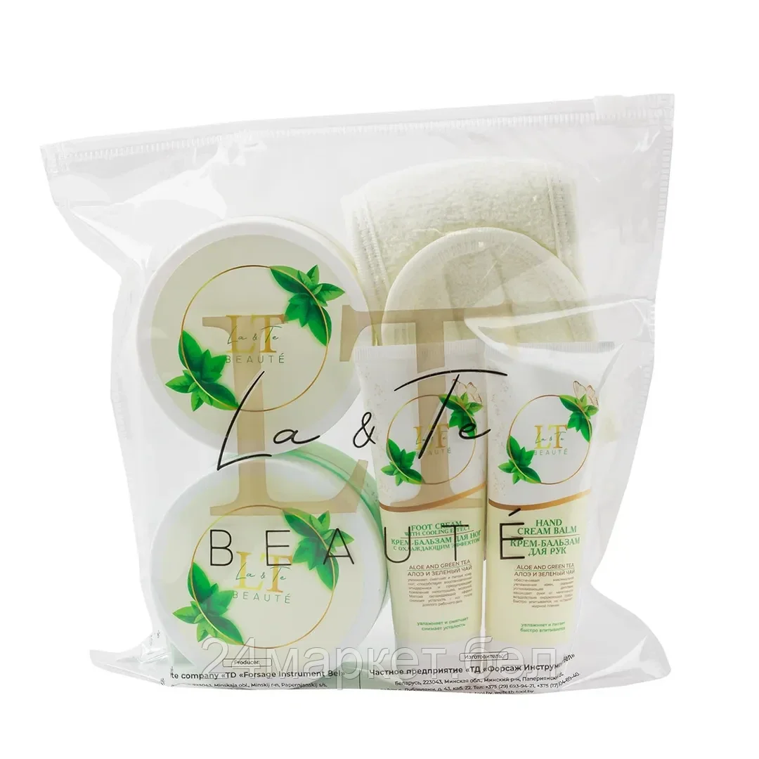 LT-40 Набор Алоэ и зеленый чай(крем бальзам для рук.гель-скраб для тела.крем для тела.крем для ног,повязка на липучке,пакет 250*250) La and Te beaute