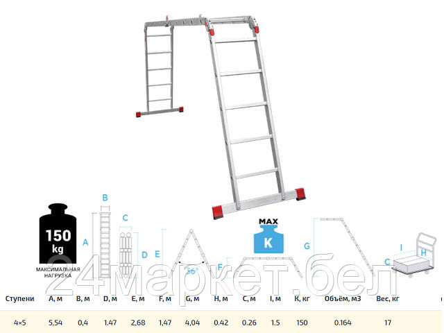 Лестница алюм. многофункц. трансформер 4х5 ступ., шир. 400 мм, 17кг NV3320 Новая высота (Максимальная нагрузка - 150 кг) (Новая Высота)