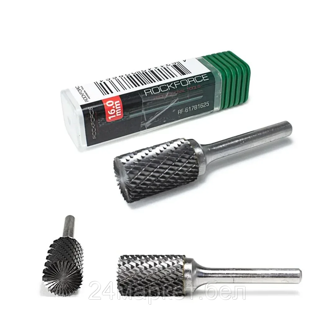 Rock FORCE Шарошка цилиндрическая по металлу с торцевой раб. поверхностью(Ø 16мм,Ø хвостовика 6мм),в пластиковом футляре Rock FORCE RF-617B1625