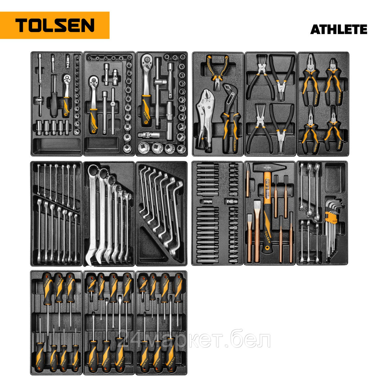 TOLSEN TT85412-189 TOLSEN Набор инструментов "ATHLETE" для тележки, 15 ложементов, 189 предметов